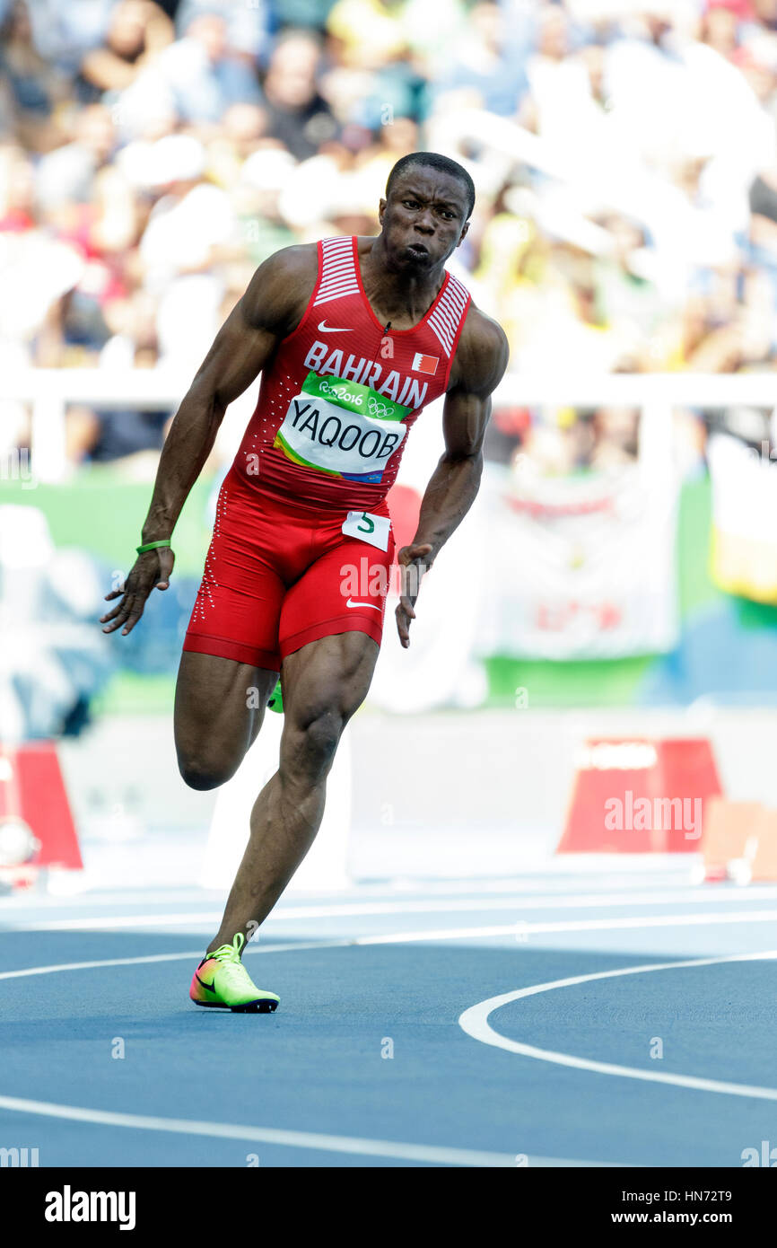 Rio de Janeiro, Brésil. 16 août 2016. L'athlétisme, Eid Salem Yaqoob (BHR) qui se font concurrence sur le 200m masculin chauffe au Jeux Olympiques d'été 2016. ©PAUL Banque D'Images