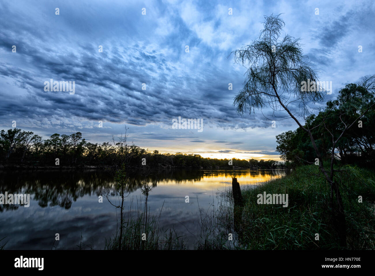 Coucher de soleil sur le fleuve Murray, Merbein, Commune près de Mildura, Victoria, Victoria, Australie Banque D'Images