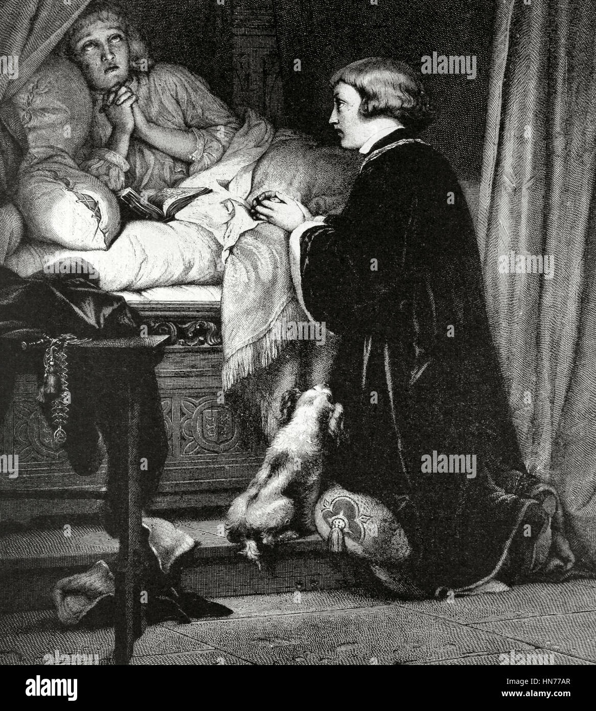 Édouard V (1470-ca.1483) et son frère Richard de Shrewsbury, duc d'York (1473-ca.1483) prisonniers sur la Tour de Londres. Gravure d'après une peinture de Paul Delaroche (1797-1856) dans l'Illustration, 1884. Banque D'Images