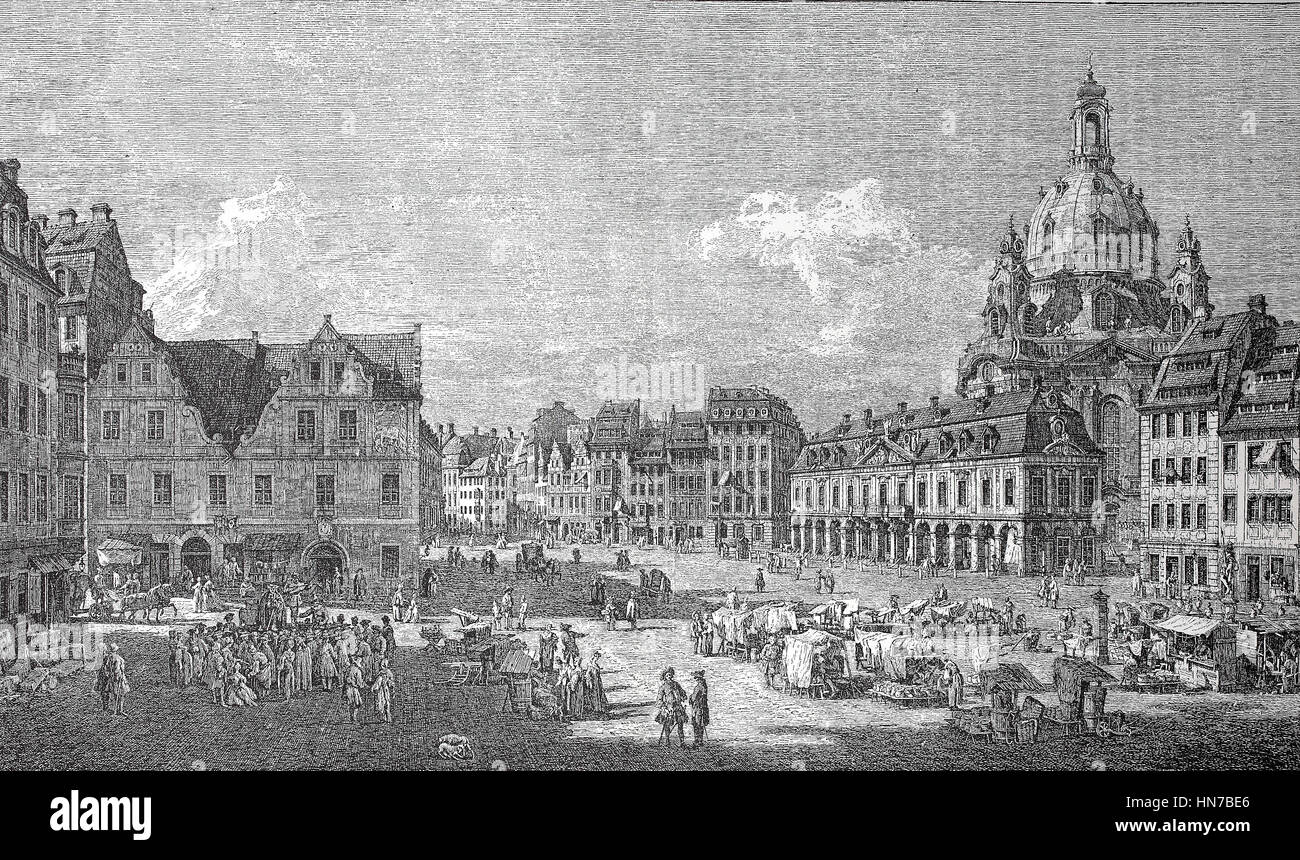 La Neumarkt, la place de la chef de la prison de Dresde, en Allemagne, en 1752, a quitté le Gewandhaus, à droite le Marstall royale et l'église Frauenkirche, Der Neumarkt, Platz der Hauptwache à Dresde, Allemagne, 1752, liens das Gewandhaus, rechts der koenigliche Marstall und die Frauenkirche, gravure sur bois à partir de 1885, l'amélioration numérique Banque D'Images