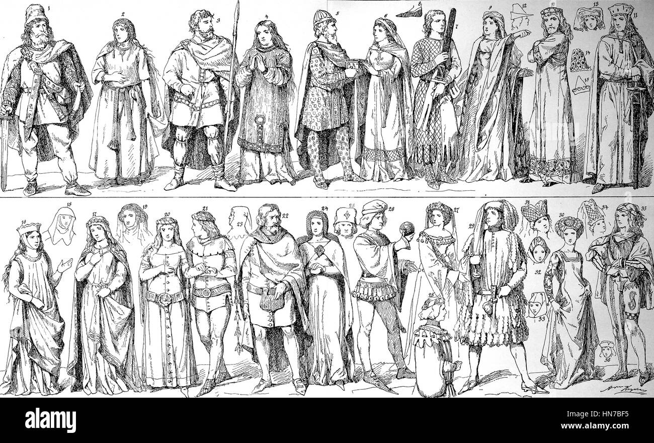 L'élaboration du costume au Moyen-Âge, Die Entwicklung der Tracht im Mittelalter, gravure sur bois à partir de 1885, l'amélioration numérique Banque D'Images