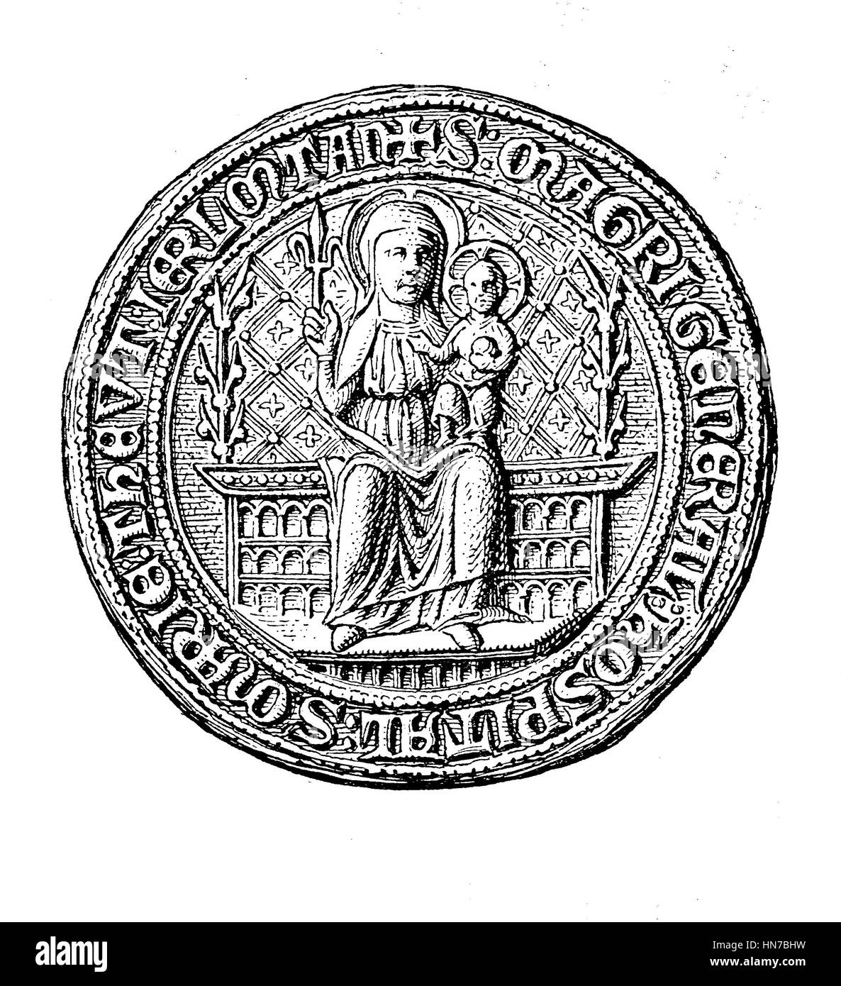 Sceau du Hochmeister sur un document de l'année 1397, Siegel der Hochmeister une déclaration einer aus dem Jahre 1397, le Grand Maître, Hochmeister, Magister generalis est titulaire de l'office suprême de l'Ordre Teutonique, gravure sur bois à partir de 1885, l'amélioration numérique Banque D'Images
