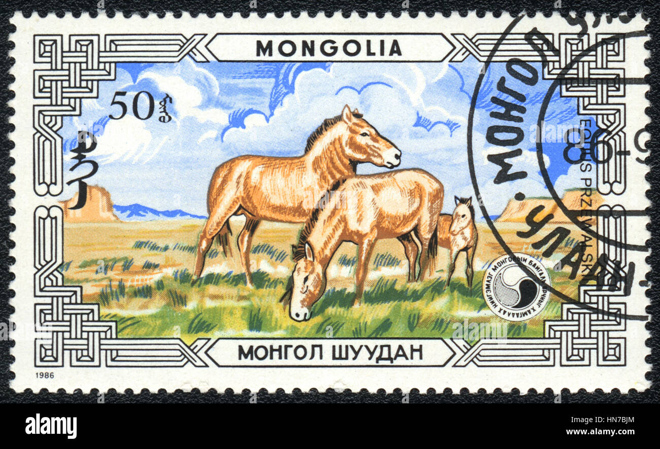 Un timbre-poste imprimé en Mongolie montre un les chevaux sauvages (Equus przewalskii), 1986 Banque D'Images