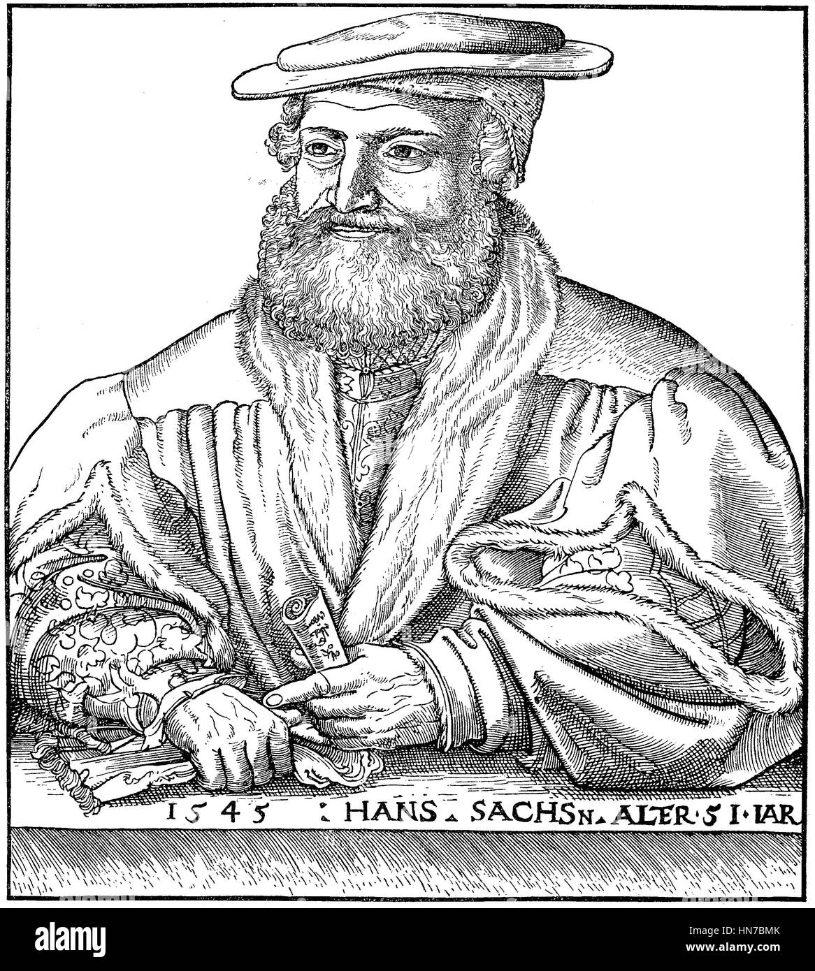 Hans Sachs, 1494 - 1576, était un Allemand Meistersinger, mastersinger, poète, dramaturge, et Shoemaker, Nuremberg, Allemagne, Hans Sachs im Alter von 51, Hans Sachs, 1494 - 1576, ein Schuhmacher Nuernberger, Spruchdichter, Meistersinger und Dramatiker, gravure sur bois à partir de 1885, l'amélioration numérique Banque D'Images