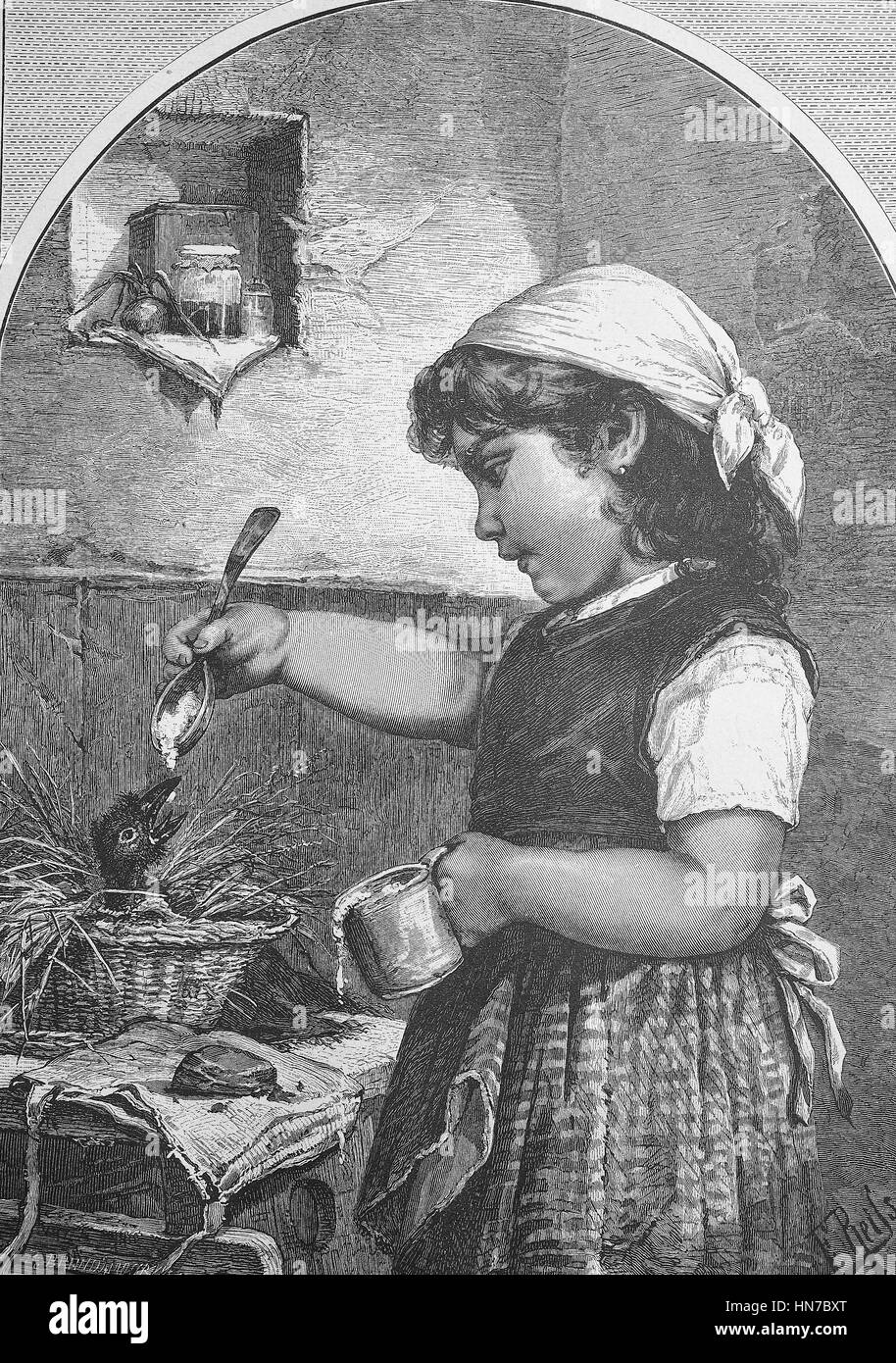 L'enfant trouvé. Alimentation fille un jeune oiseau assis dans le nid, l'alimentation avec une cuillère, Der Findling. Fuettert Jungvogel Maedchen einen der im Nest sitzt, Fuetterung mit einem Loeffel, gravure sur bois à partir de 1885, l'amélioration numérique Banque D'Images