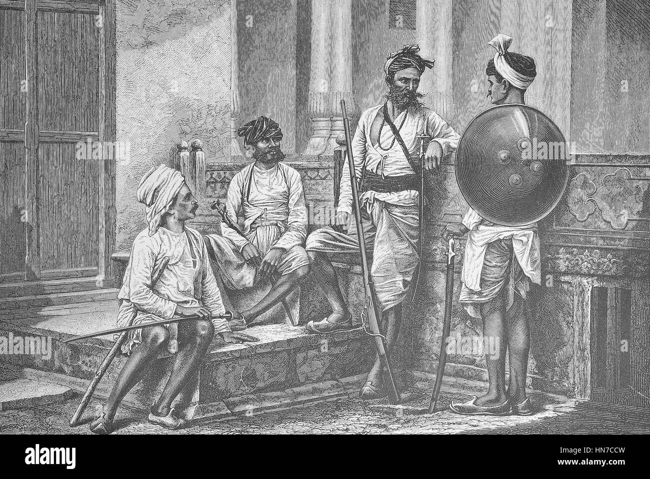 Les guerriers de la Rajput, membre de l'clans patrilinéaires du sous-continent indien, l'Inde. Krieger von der Kaste der dans Radschputen Ostindien, Indien, gravure sur bois à partir de 1885, l'amélioration numérique Banque D'Images