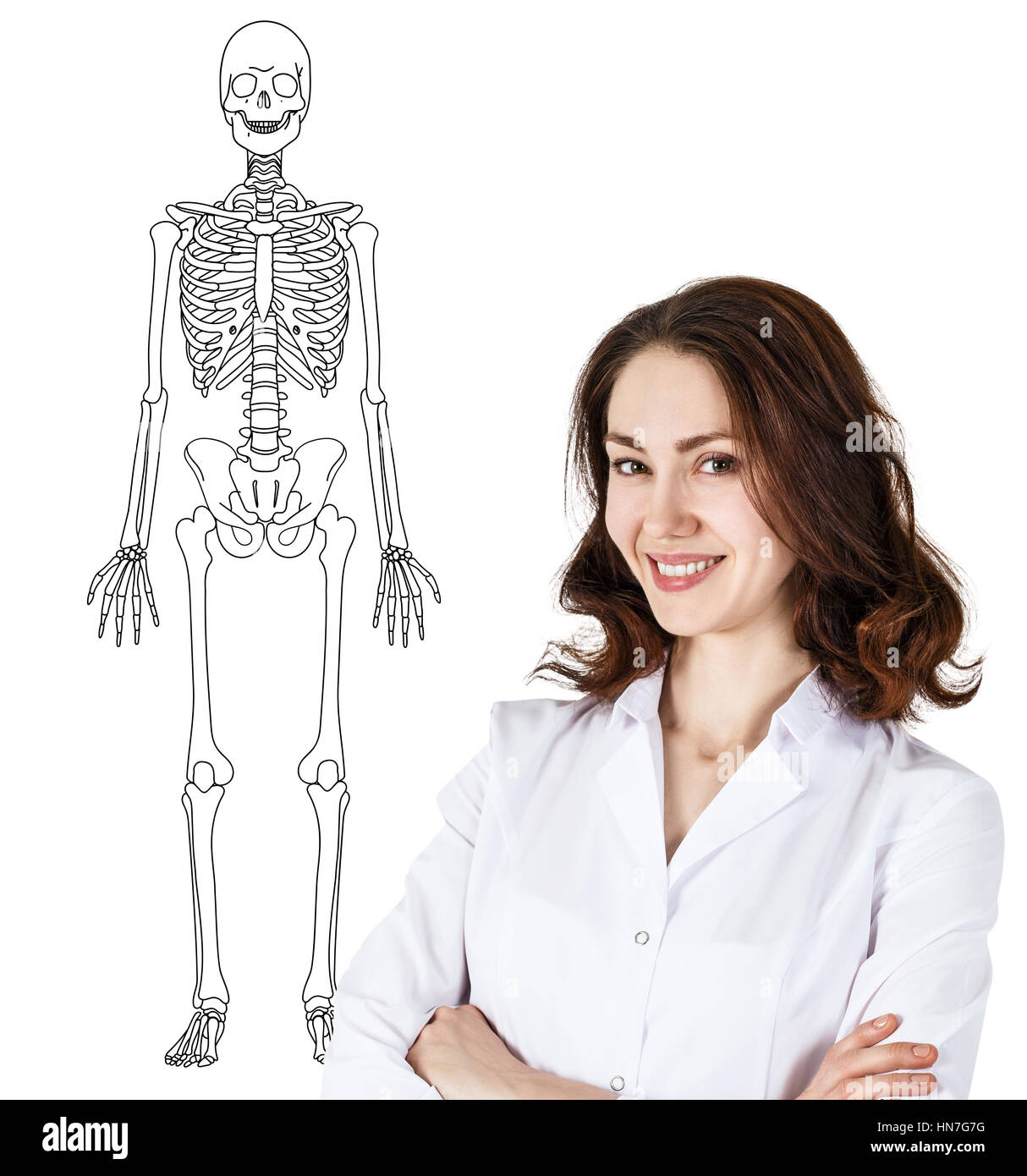 Médecin femme debout près de dimensions squelette humain Banque D'Images