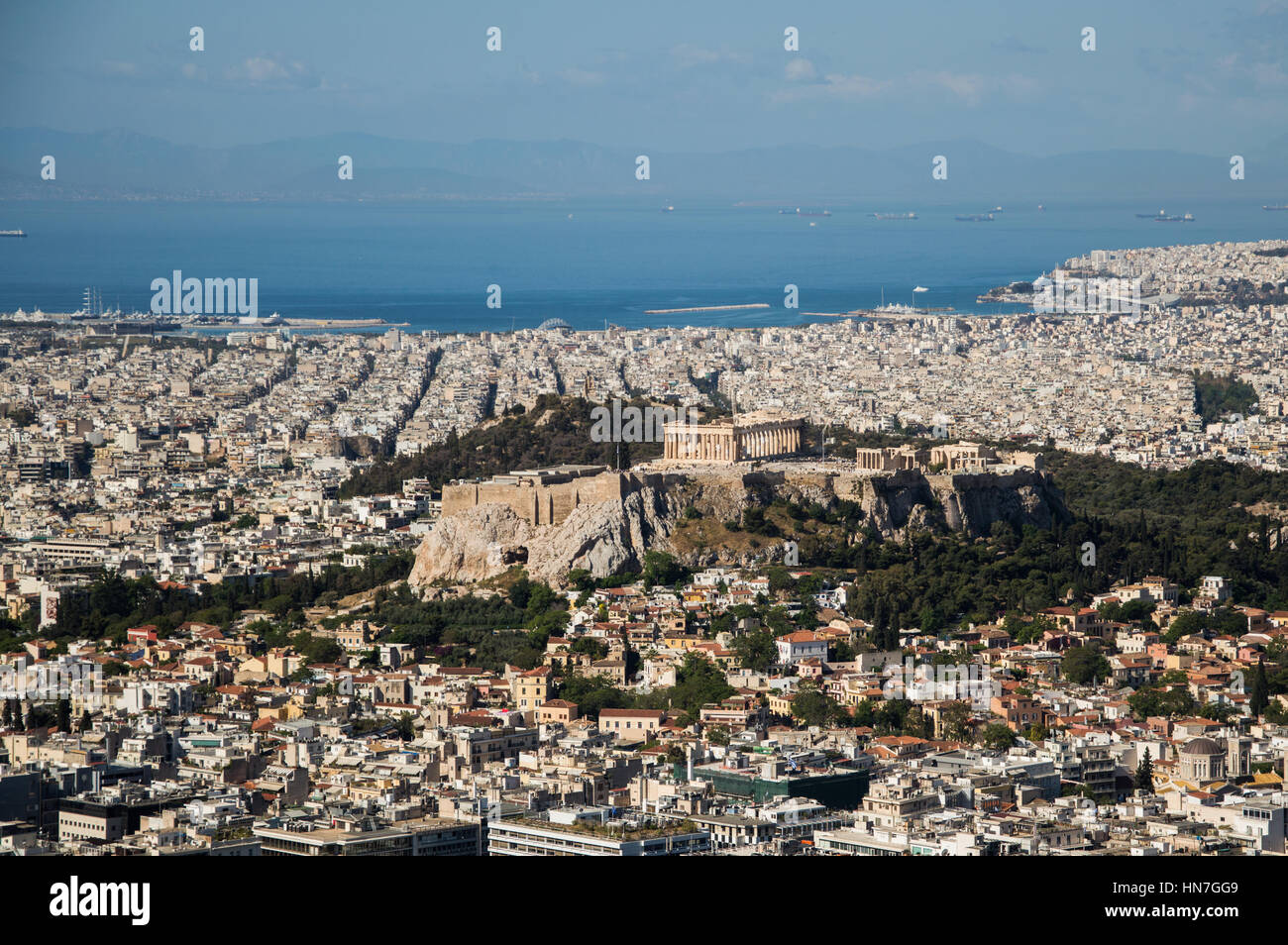 Vue panoramique sur l'Acropole et du Lycabette Peiraias Athènes Grèce Banque D'Images