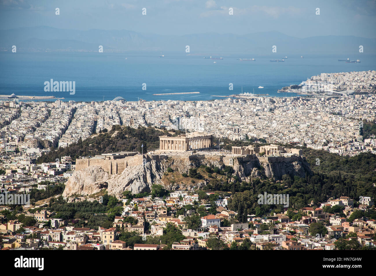 Vue panoramique sur l'Acropole et du Lycabette Peiraias Athènes Grèce Banque D'Images