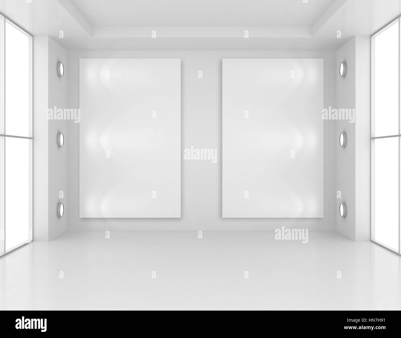 L'intérieur de la galerie avec cadre vide sur les murs et les lumières. Le rendu 3D Banque D'Images