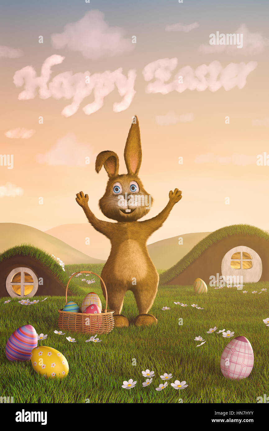 Un mignon petit lapin de Pâques entouré par des oeufs de Pâques. Les mots 'Joyeuses Pâques' ont formé dans le ciel par les nuages. Banque D'Images