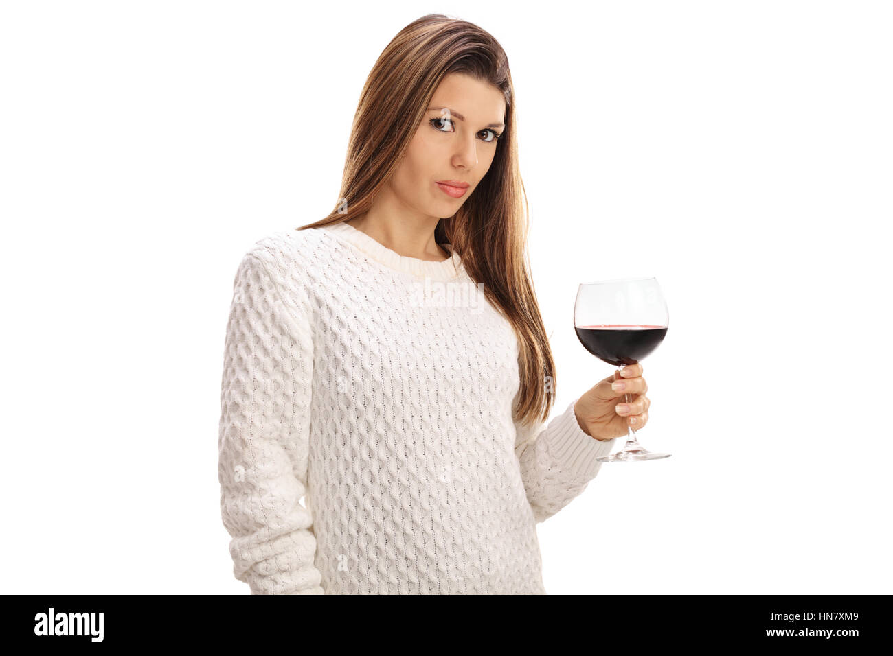 Jeune femme avec un verre de vin isolé sur fond blanc Banque D'Images