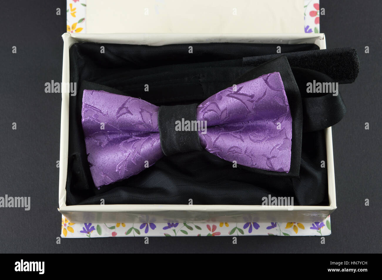 Noeud papillon violet dans un présent fort sur fond noir Banque D'Images