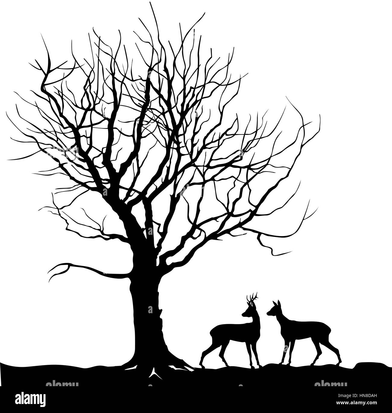Plus d'animaux de la forêt arbres paysage avec deer. abstract vector illustration de la forêt d'hiver. vector illustration silhouette de belle famille un cerf Illustration de Vecteur
