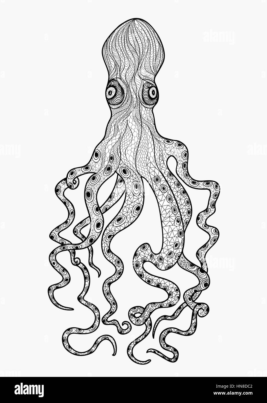 Les tentacules de pieuvre doodle sur isoalted illustration ornement blanc. caractère poulpe nager sous l'eau. zentagle dessin vectoriel Illustration de Vecteur