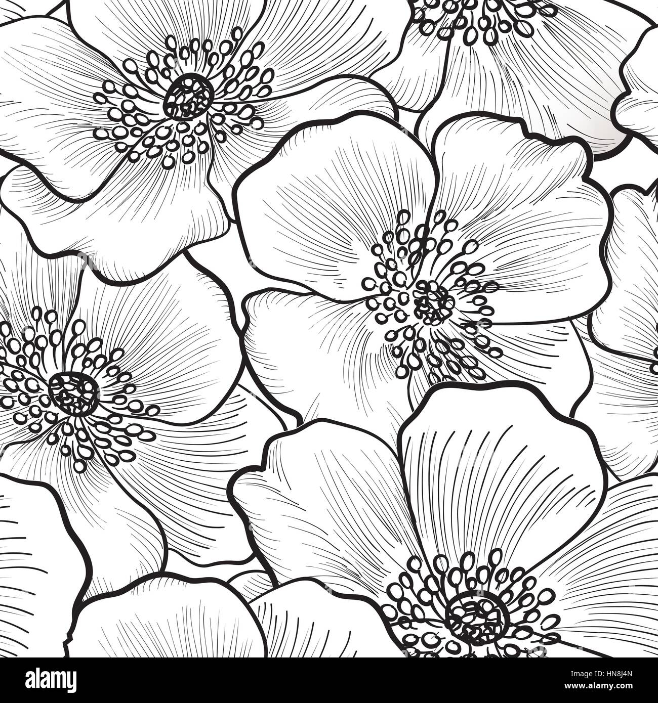 Motif floral fleur transparente. silhouette fond noir et blanc décoration florale. seamless texture avec des fleurs. Illustration de Vecteur