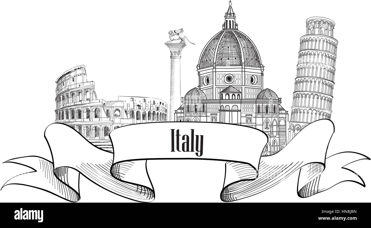 Italie Italie trave. symboles architecturaux label. L'Italie d'horizon. Illustration de Vecteur