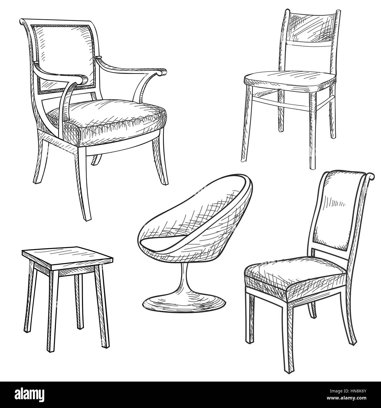 Ensemble de meubles. intérieur détail contours collection : chaise, fauteuil, tabouret. Illustration de Vecteur