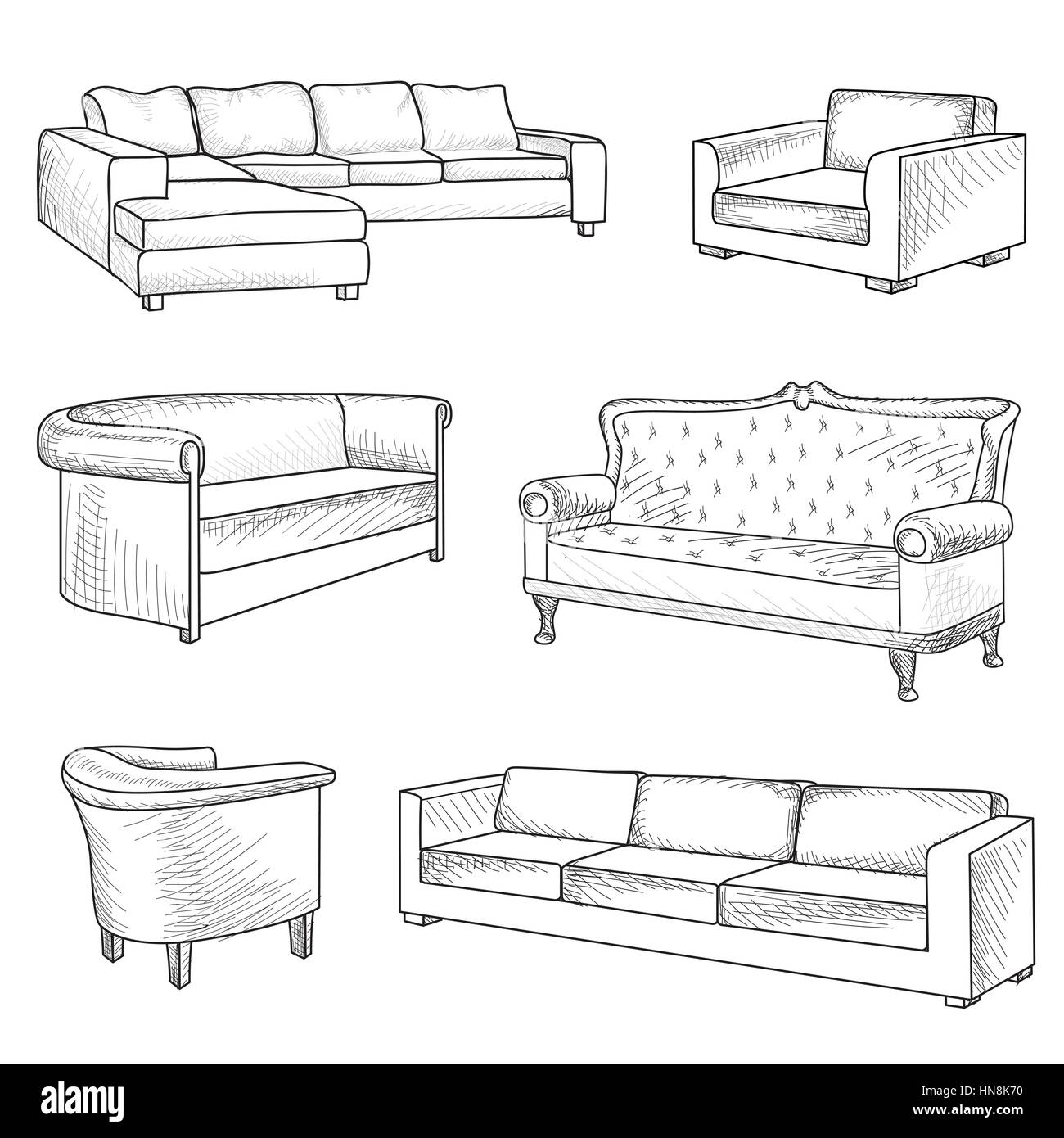 Ensemble de meubles. intérieur détail contours sketch collection : lit double, canapé, canapé, fauteuil. Illustration de Vecteur