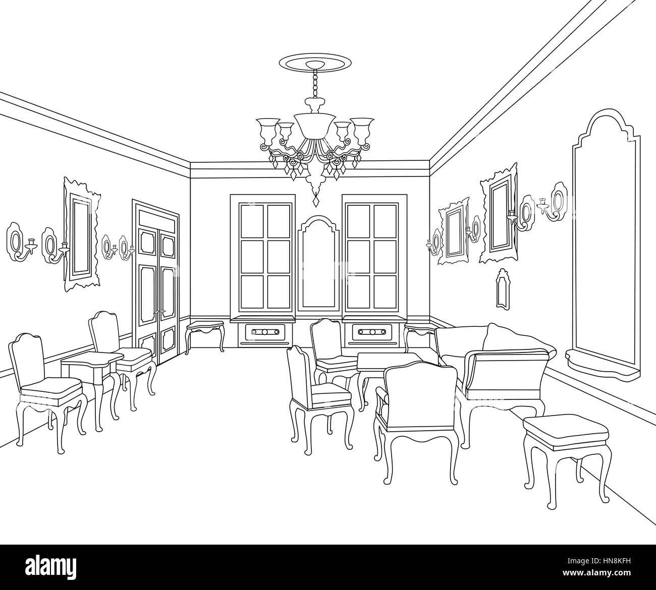 Contour intérieur sketch. des meubles design architectural blueprint. salon. Illustration de Vecteur