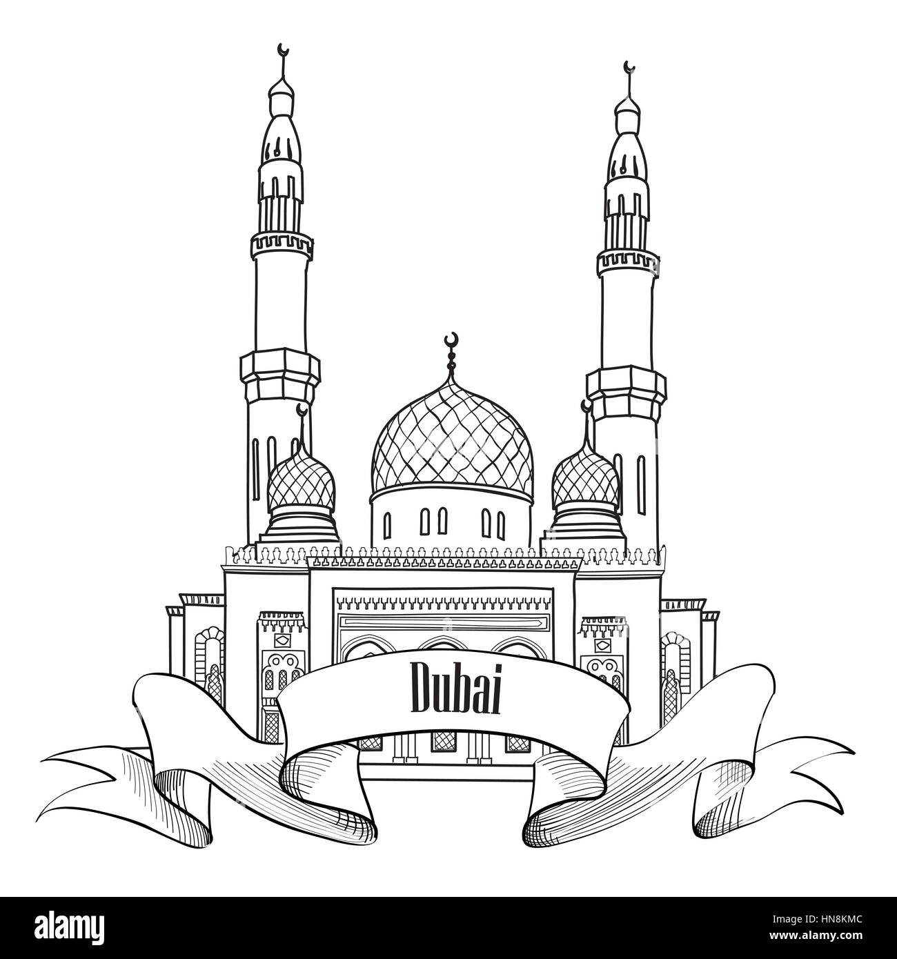 La ville de Dubaï aux Émirats arabes unis voyage. étiquette symbole. Illustration de Vecteur