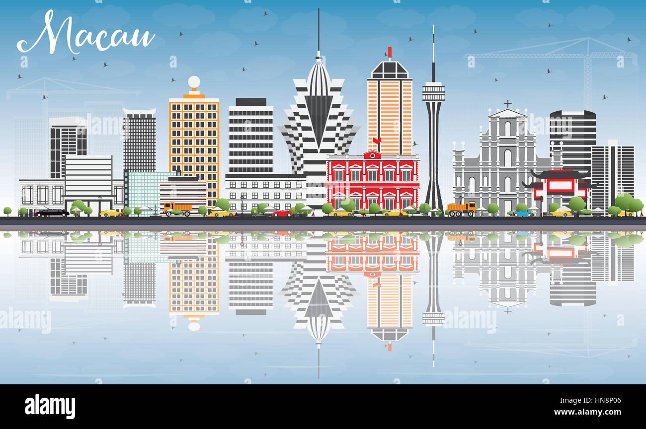 Macao avec toits de bâtiments gris, ciel bleu et réflexions. vector illustration. Les voyages d'affaires et tourisme concept avec l'architecture moderne. Illustration de Vecteur