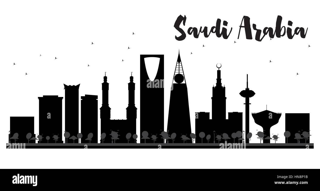 L'Arabie saoudite skyline silhouette noir et blanc. vector illustration. simple télévision concept pour tourisme présentation, bannière, un placard ou un site web. capitales Illustration de Vecteur