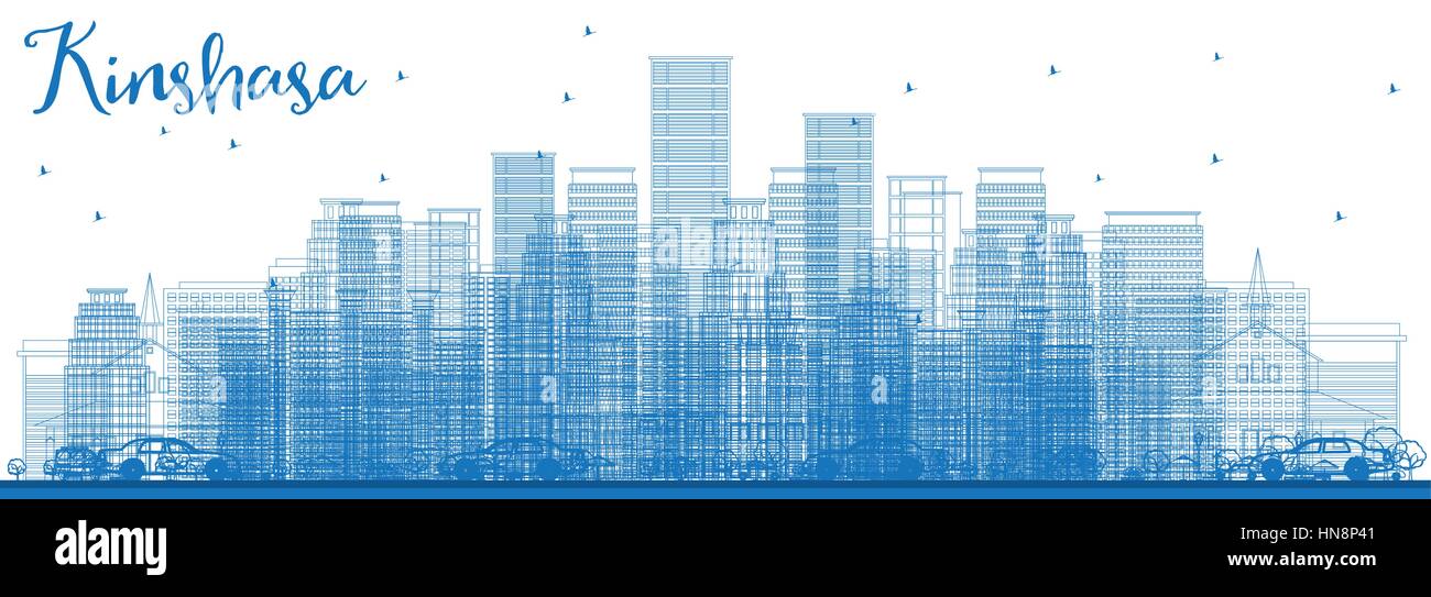 Kinshasa contour bleu horizon avec les bâtiments. Vector Illustration. Les voyages d'affaires et tourisme Concept avec des bâtiments historiques. Droit de présentation Illustration de Vecteur