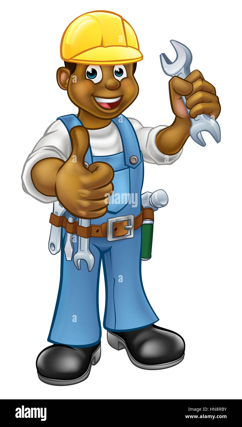 Mécanicien noir ou plombier handyman personnage tenant une clé et de donner un coup de pouce Banque D'Images