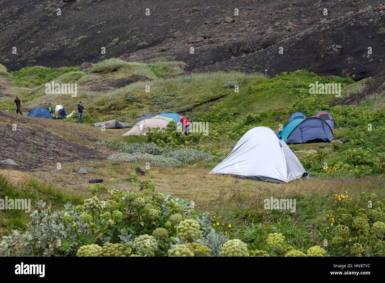 Le Camping à Botnar sur le Emtrur Article de la Sentier de randonnée (Laugarvegur Laugavegurinn Islande). Banque D'Images