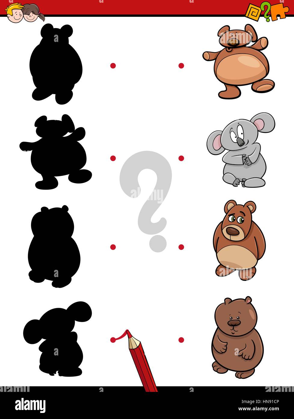 Cartoon Illustration de trouver l'ombre de l'activité éducative pour les enfants avec des ours jeu caractères Animaux Illustration de Vecteur