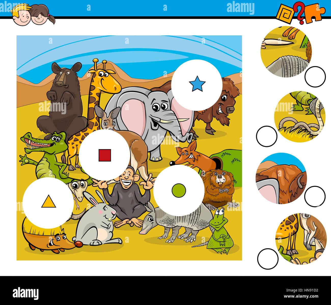 Cartoon Illustration de match les éléments pédagogiques Activité pour enfants avec des personnages d'animaux sauvages Illustration de Vecteur