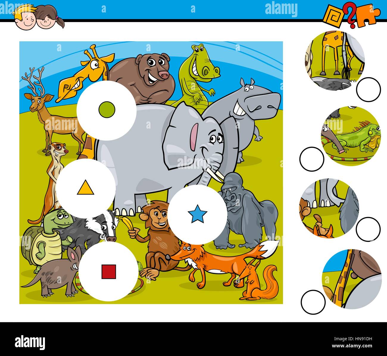 Cartoon Illustration de la tâche d'enseignement des éléments de comparaison pour les enfants ayant des caractères des animaux sauvages Illustration de Vecteur