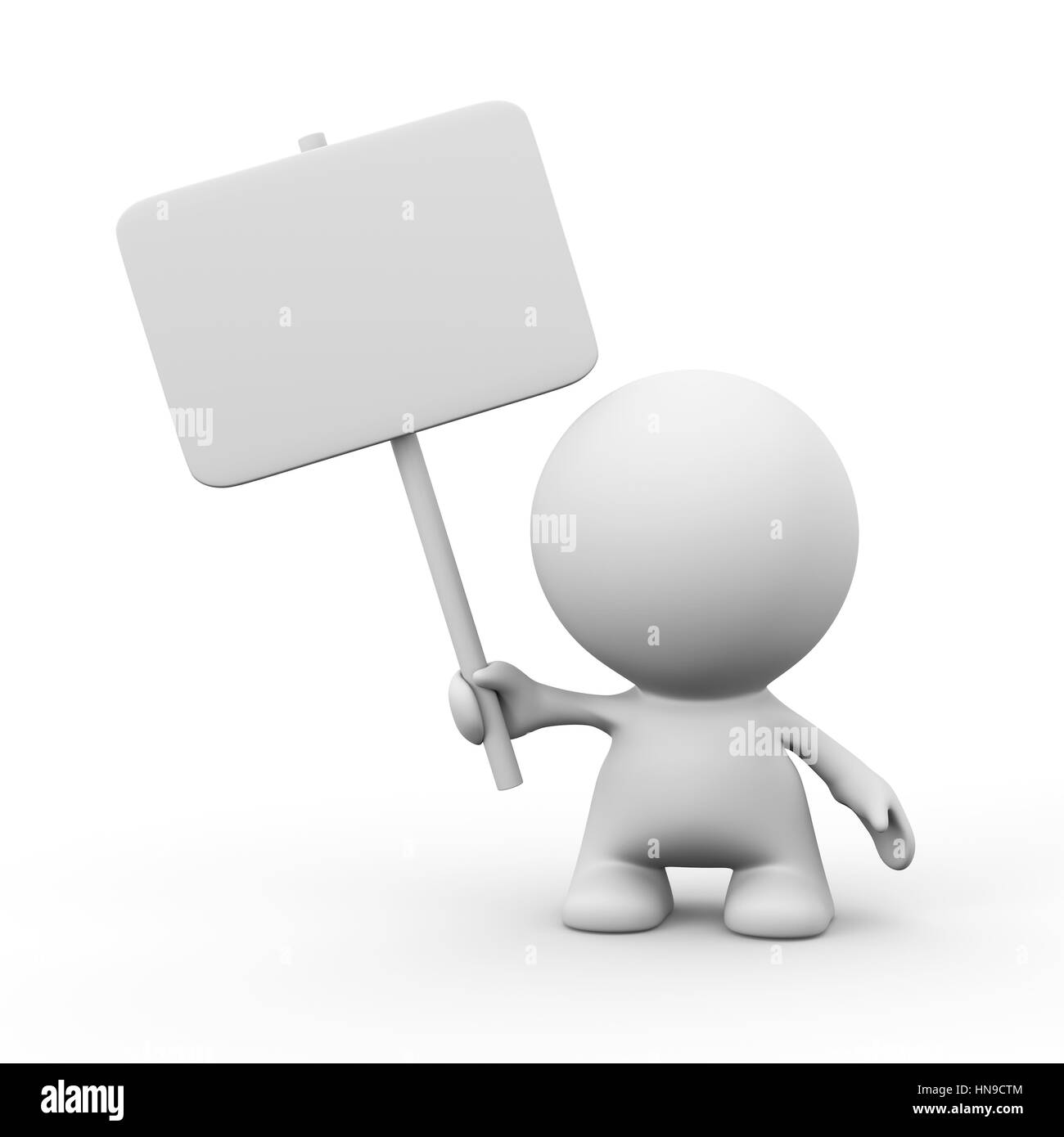 3d human character holding a blank sign in front of white background Banque D'Images