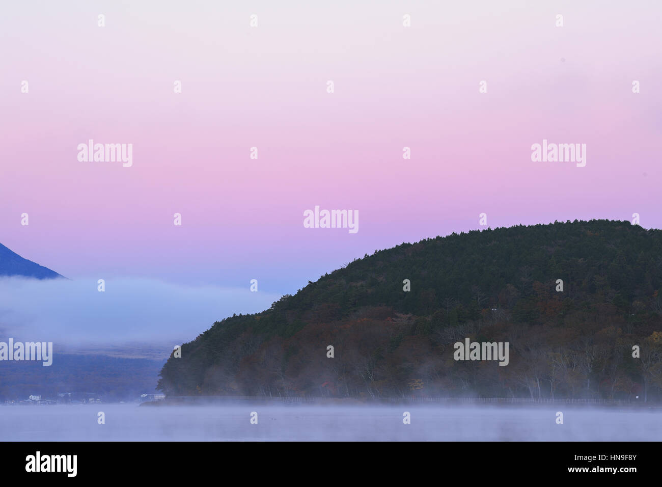 Brume matinale sur le lac Yamanaka, préfecture de Yamanashi, Japon Banque D'Images