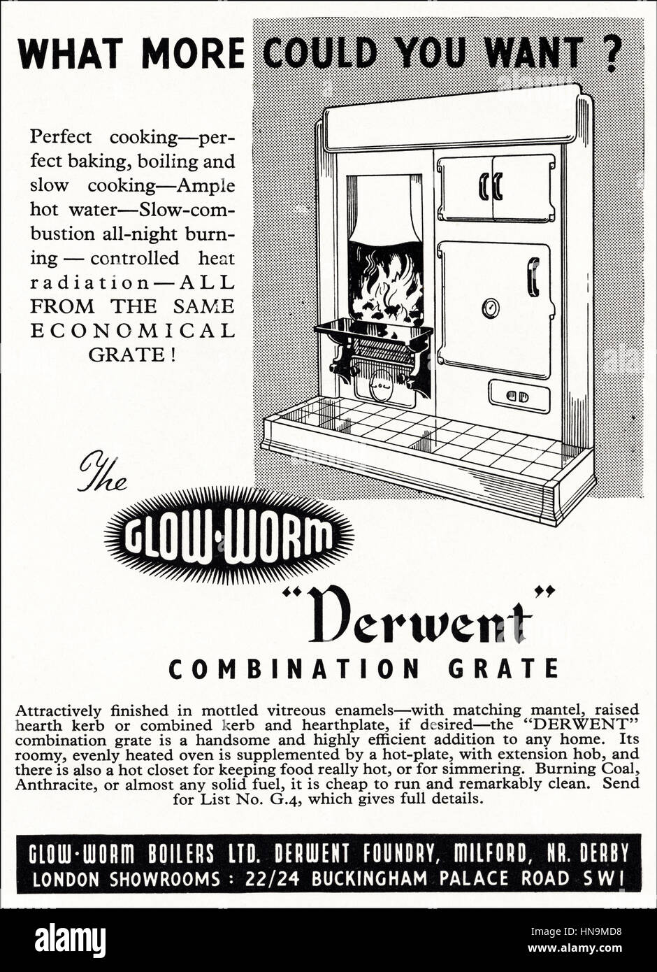 1950 annonce publicitaire de l'original old vintage magazine anglais daté 1950 Publicité pour Glow-Worm Combinaison de Derwent Derwent Grille Fonderie Milford près de Derby England UK Banque D'Images