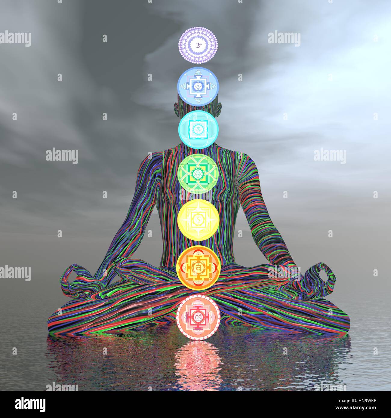 Homme méditant avec sept chakras colorés sur fond nuageux dans l'océan - 3D render Banque D'Images