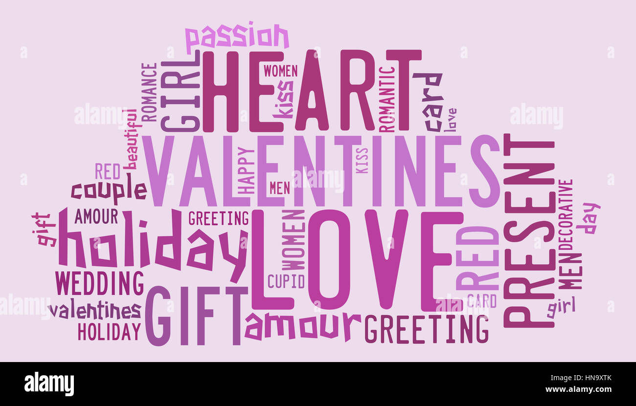 La Saint-Valentin et l'amour concept dans word tag cloud sur fond violet Banque D'Images