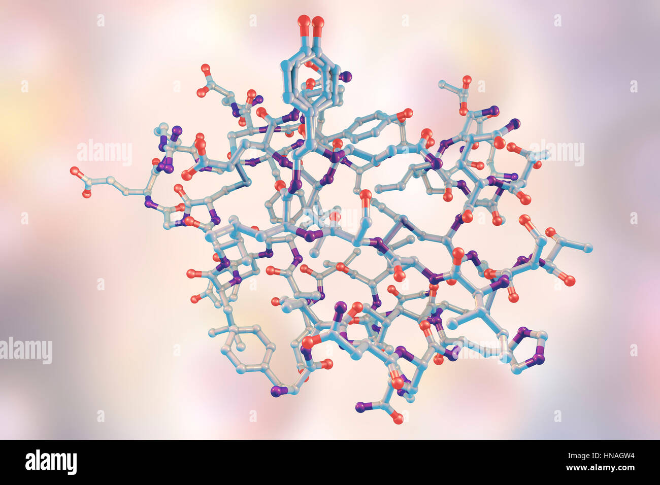 Molécule de l'insuline. Modèle d'ordinateur montrant la structure d'une molécule de l'hormone insuline. L'insuline joue un rôle important dans la régulation de la glycémie. Il est libéré par le pancréas lorsque les niveaux de sucre dans le sang sont élevés, par exemple après un repas, ce qui incite les cellules du foie, muscle, tissu adipeux et de prendre le glucose du sang et de le stocker sous forme de glycogène. Production insuffisante d'insuline conduit à une accumulation de glucose dans le sang causant le diabète. Banque D'Images