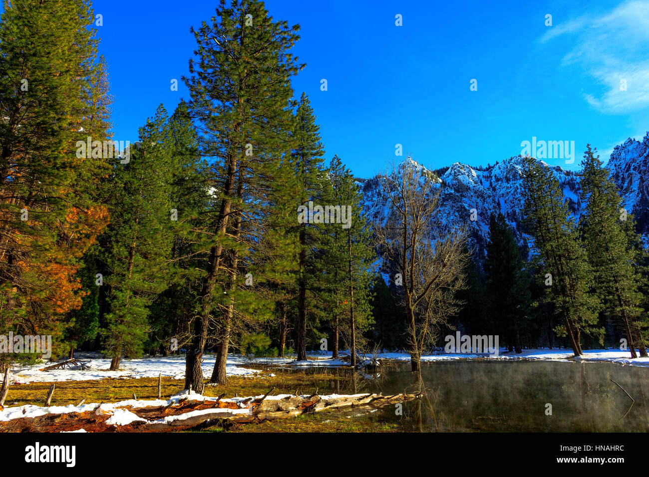 La neige, les arbres et l'eau glacée remplir la vallée de Yosemite en Yosemite National Park, Californie, le 28 janvier 2017. Banque D'Images
