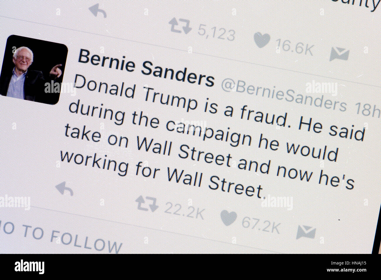 Le sénateur Bernie Sanders compte Twitter - USA Banque D'Images
