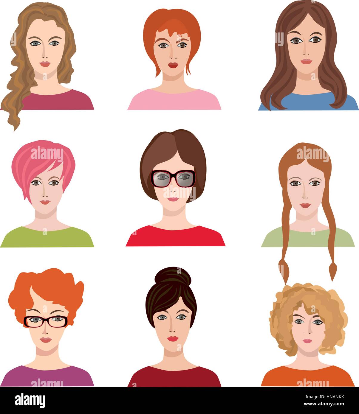 Icon Set avatar. belles jeunes filles avec différents style de cheveux Illustration de Vecteur