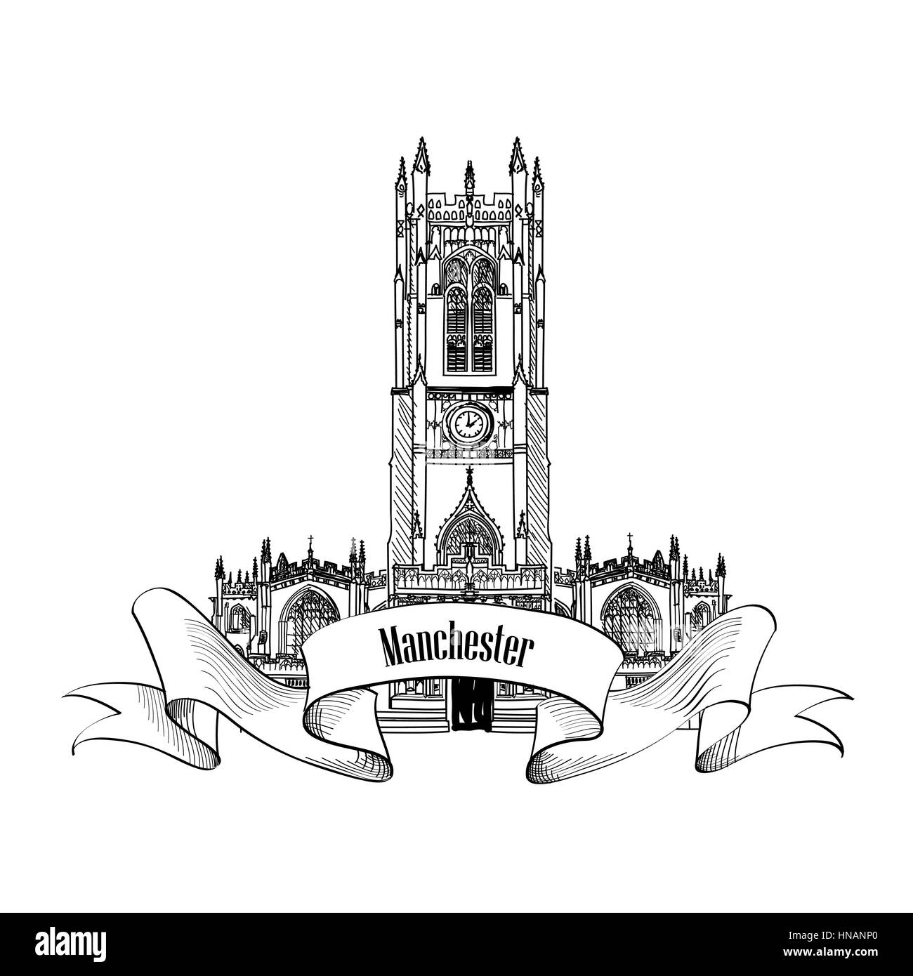 Billet d'angleterre signe. La cathédrale de Manchester, Royaume-Uni, la France logiciel. english city célèbre bâtiment. vecteur isolé de l'étiquette. Illustration de Vecteur