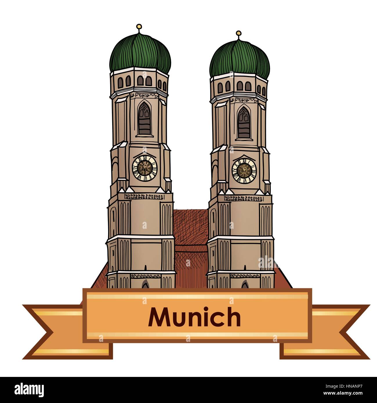 La ville de Munich, la cathédrale de Munich. étiquette liebfrauenkirche à Munich/ voyages Allemagne Bavière signe distinctif. capital. Illustration de Vecteur