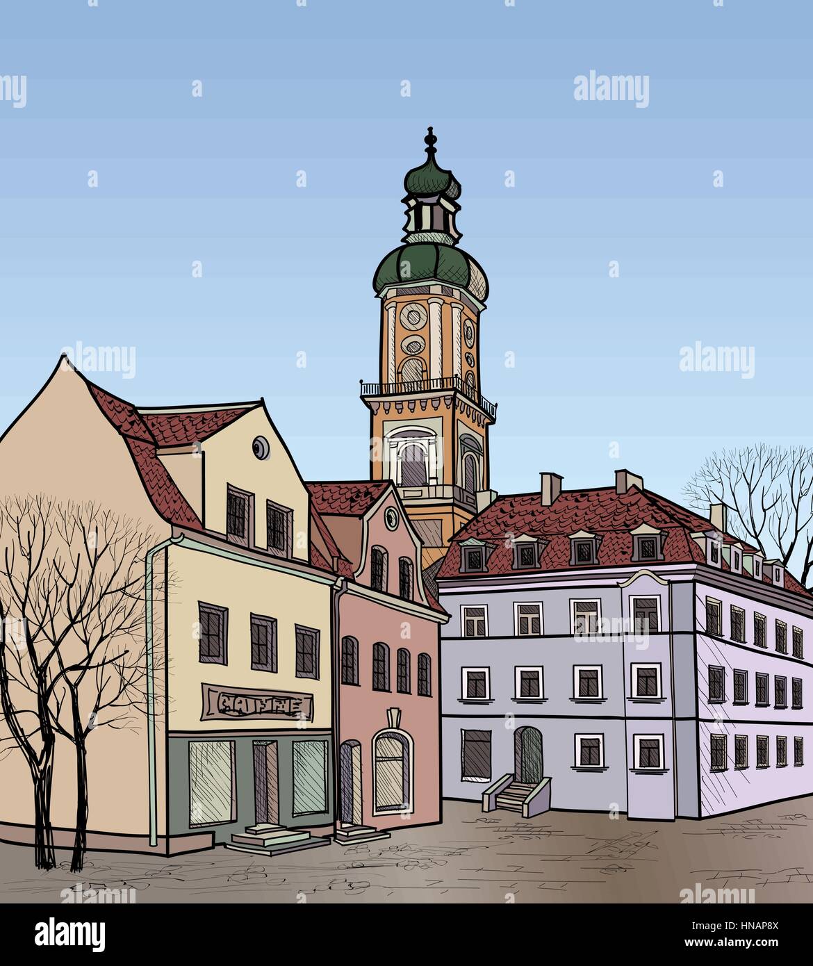 Café de la rue. Vue sur la vieille ville.'cityscape : tour, maison, édifice, arbre. Illustration de Vecteur