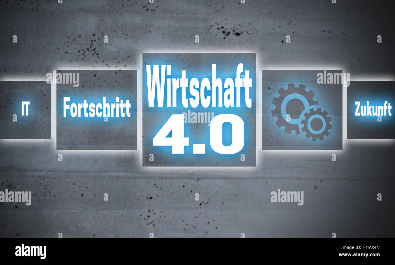 Wirtschaft 4.0 (en allemand de l'économie, progrès, avenir) concept de l'écran tactile arrière-plan. Banque D'Images