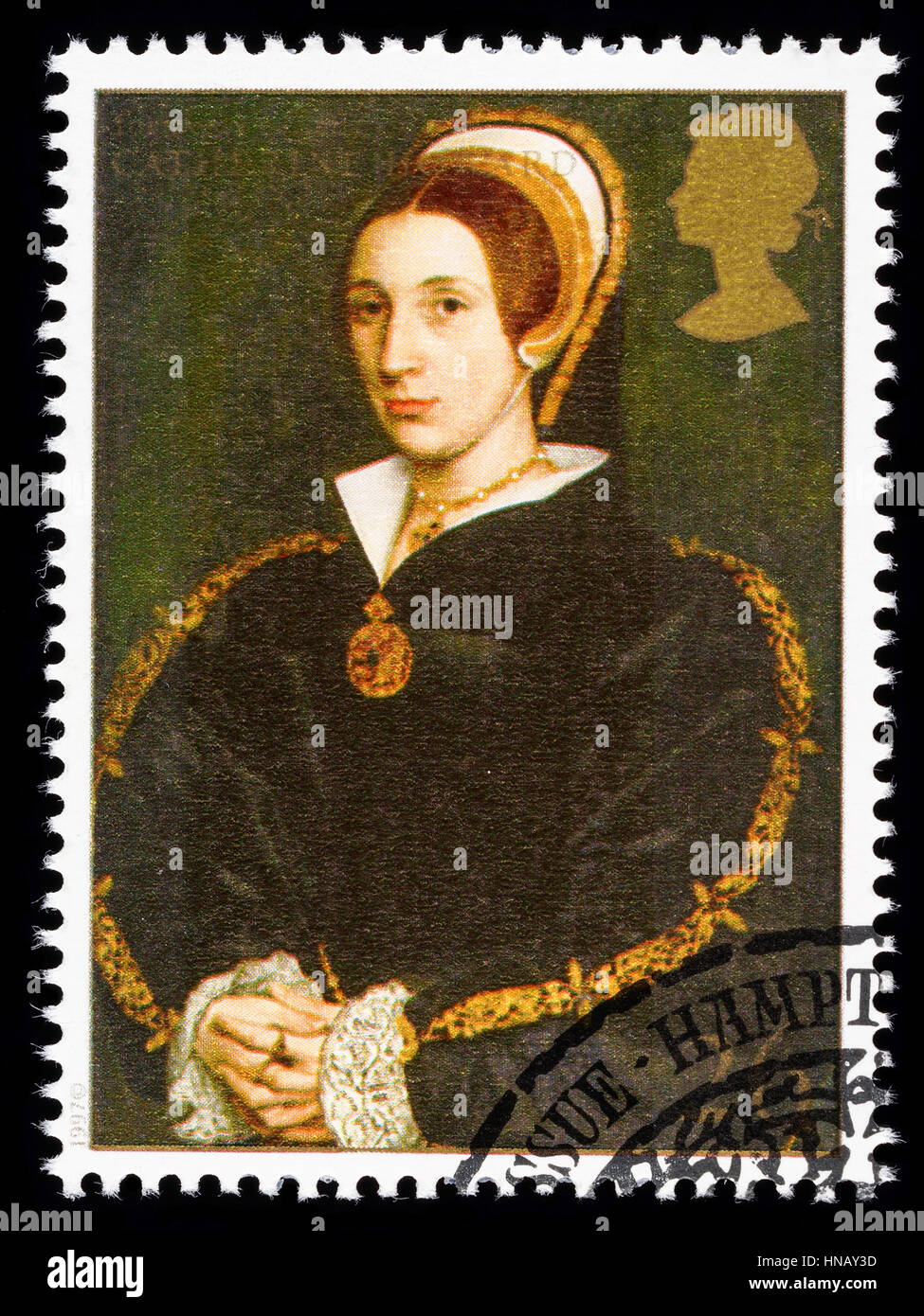 Royaume-uni - circa 1997 : timbre-poste imprimé en Grande-Bretagne commémorant le Roi Henry 8ème montrant Catherine Howard l'une de ses nombreuses épouses Banque D'Images