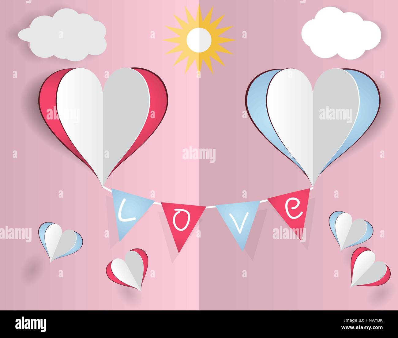 Carte de vœux. Dessin de l'enfant. Valentine s Day. Deux coeurs et une inscription de l'amour. Découper le papier. illustration Illustration de Vecteur