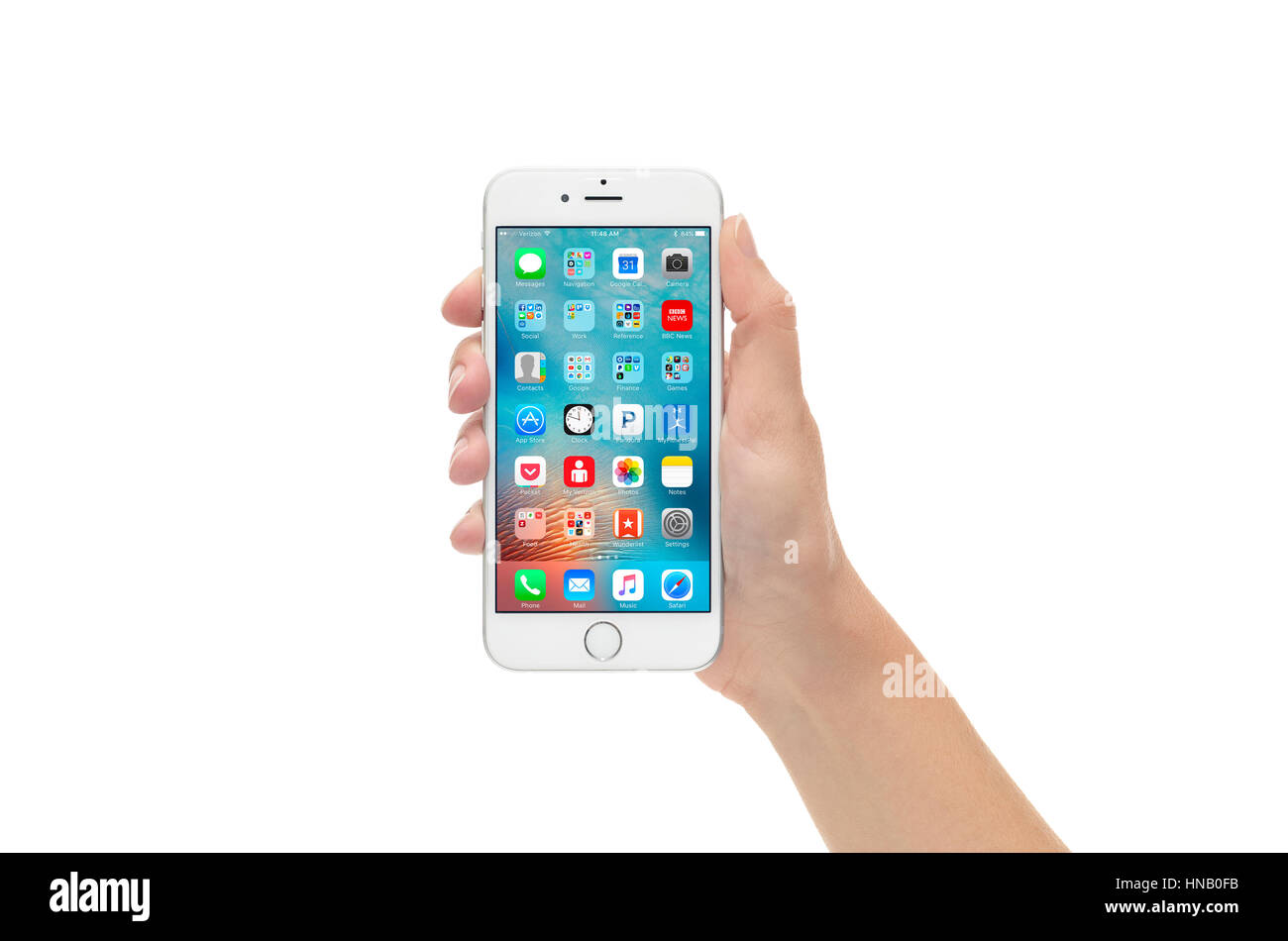 San Francisco, Californie, USA - 5 novembre 2015 : une vue de face un silver Apple iPhone 6 illustré dans l'écran d'accueil Banque D'Images