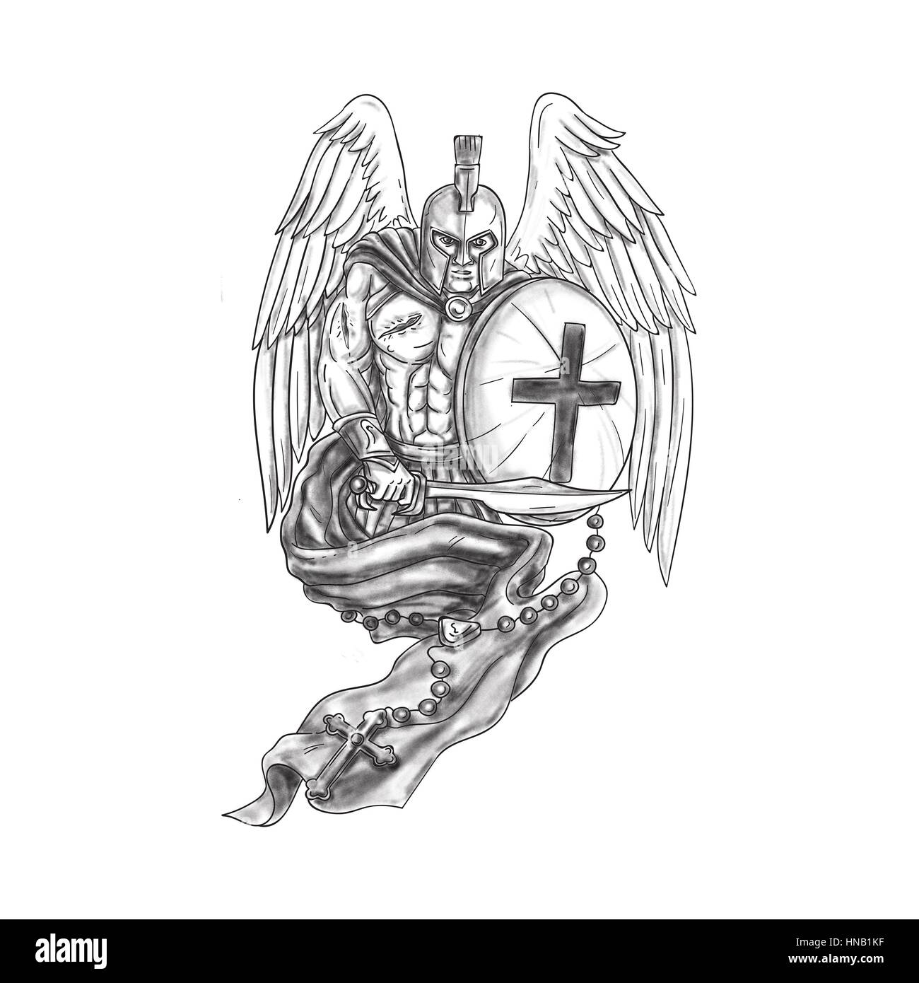Illustration d'un style de tatouage blessés spartan warrior angel portant casque tenant un sabre et un bouclier drapé de Rosaire vue de l'avant ensemble sur Isola Banque D'Images
